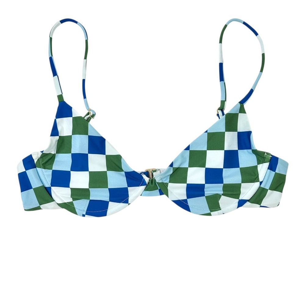 Beach Riot Camilla Blue Green & White Check Plaid Bikini Swimsuit Swim Top sz L